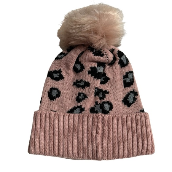 Super Cute & Cozy Pink Animal Print Knit Beanie Hat with Pom, One Size - Picture 4 of 7